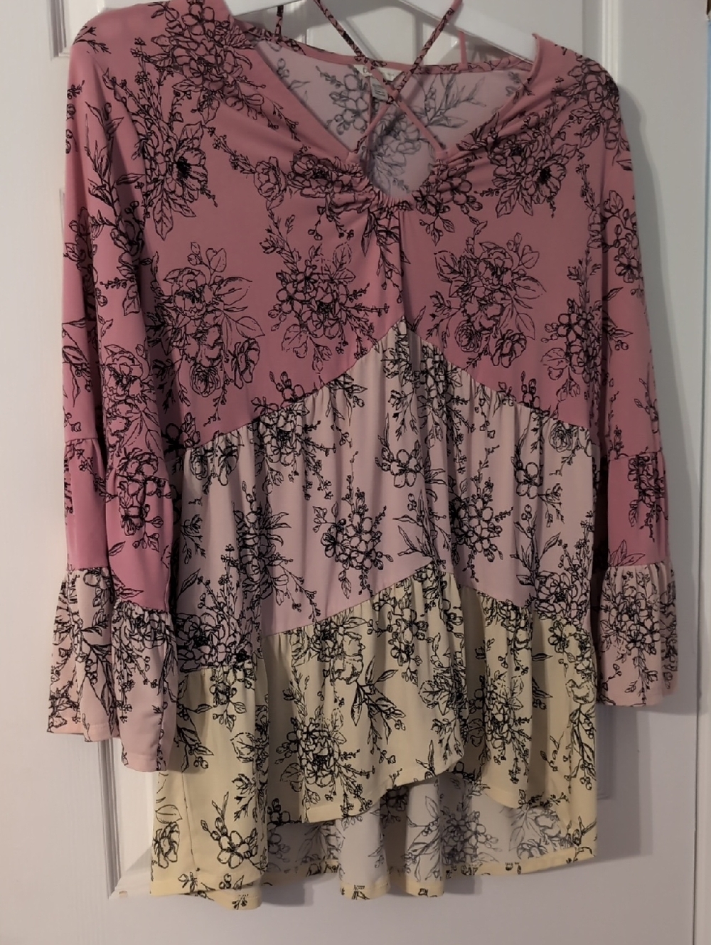 Cato Pink and Cream Floral Tiered Long-Sleeve Tunic